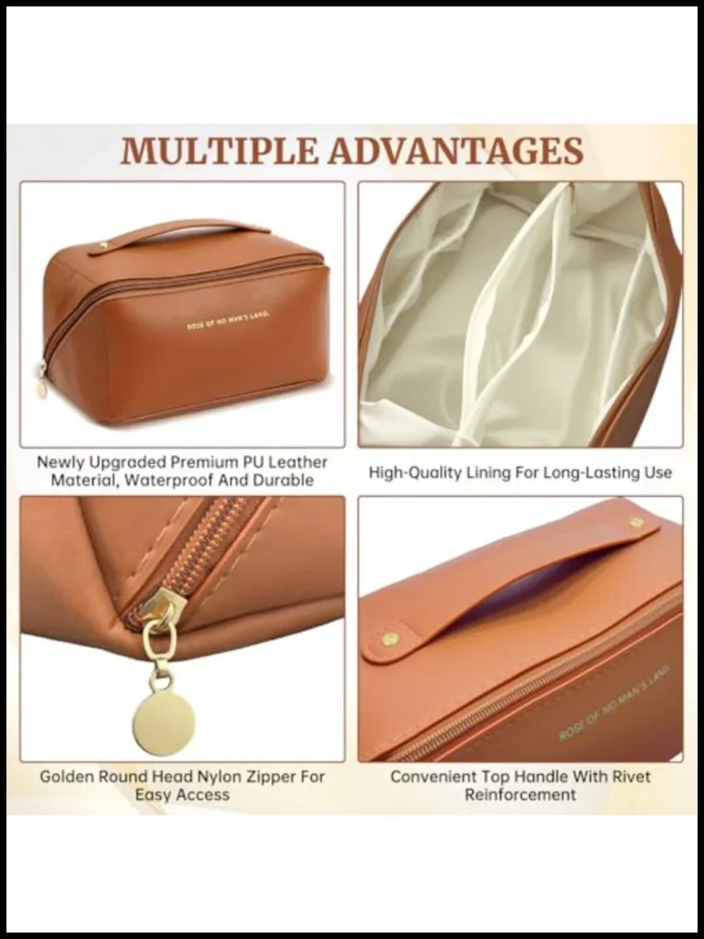 Large Travel Makeup Bag Waterproof PU Leather Lay Flat Organizer with